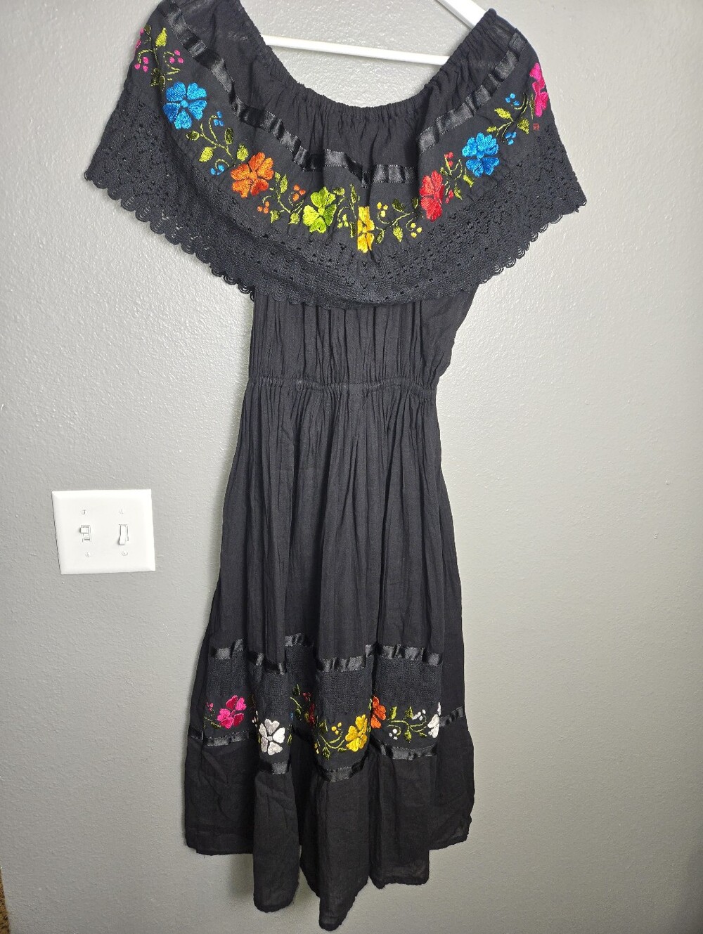 Black Flower Embroidered Mexican 100% Cotton Dress